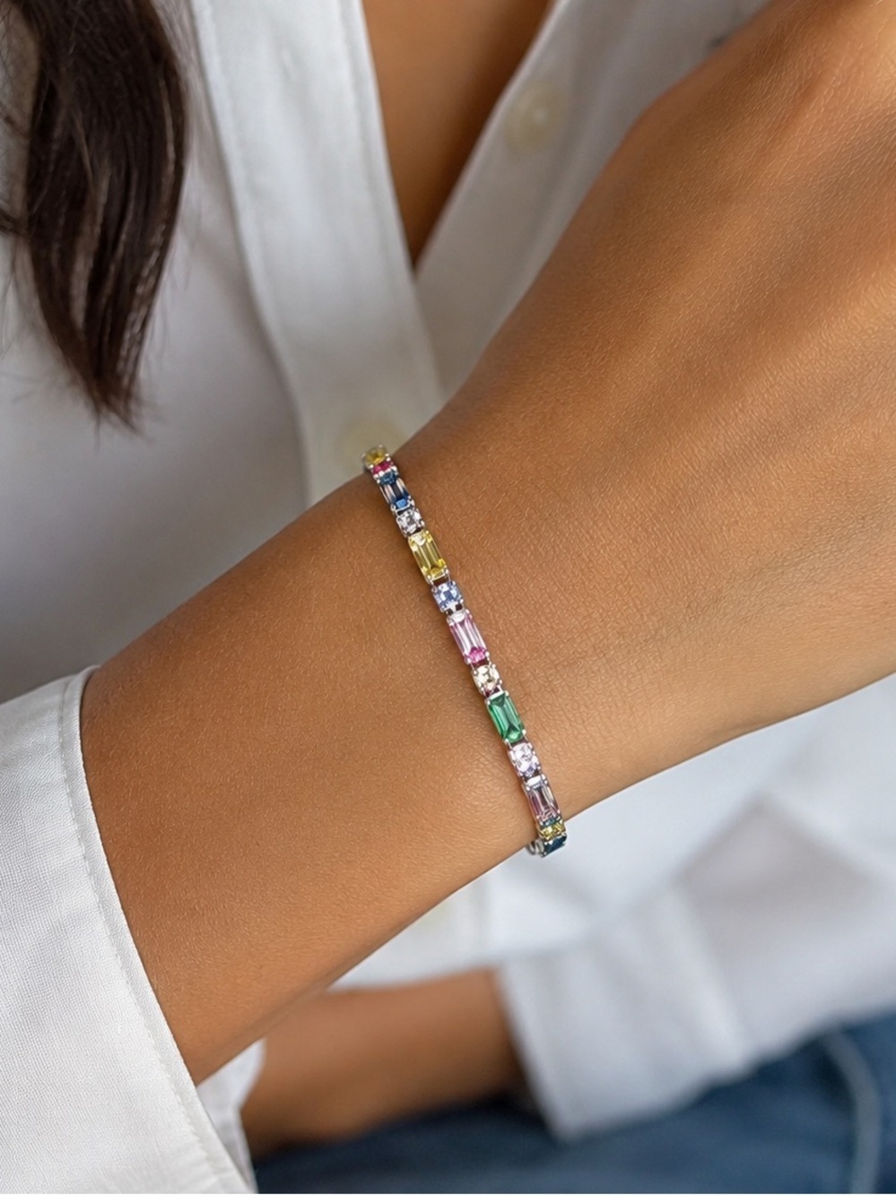 Silver stainless Steel Tennis Bracelet with Sparkling Cubic Zirconia